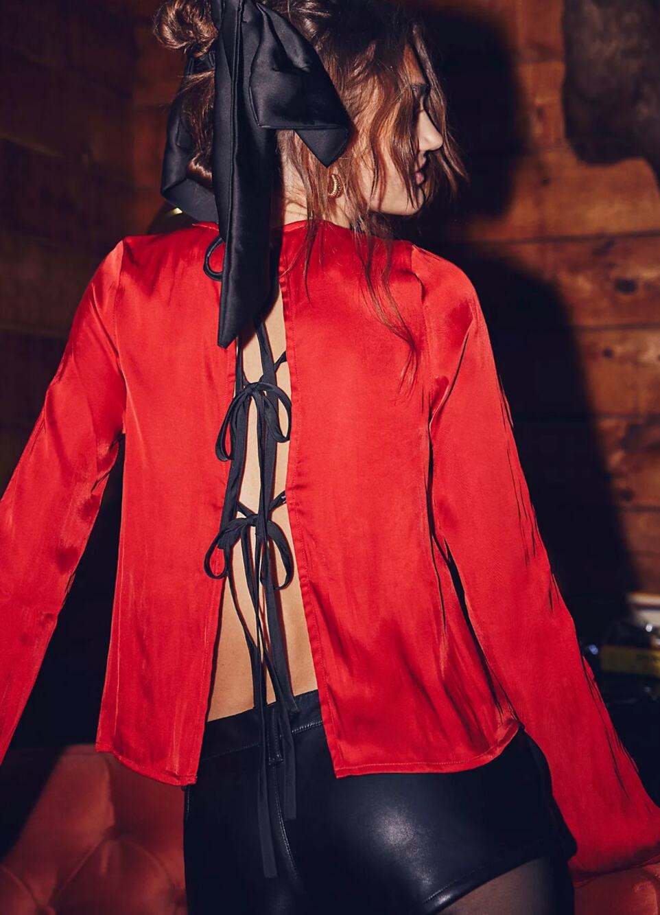 Free People Arabella Blouse Rubies Red Satin Long Sleeve Bow Back Medium NWT